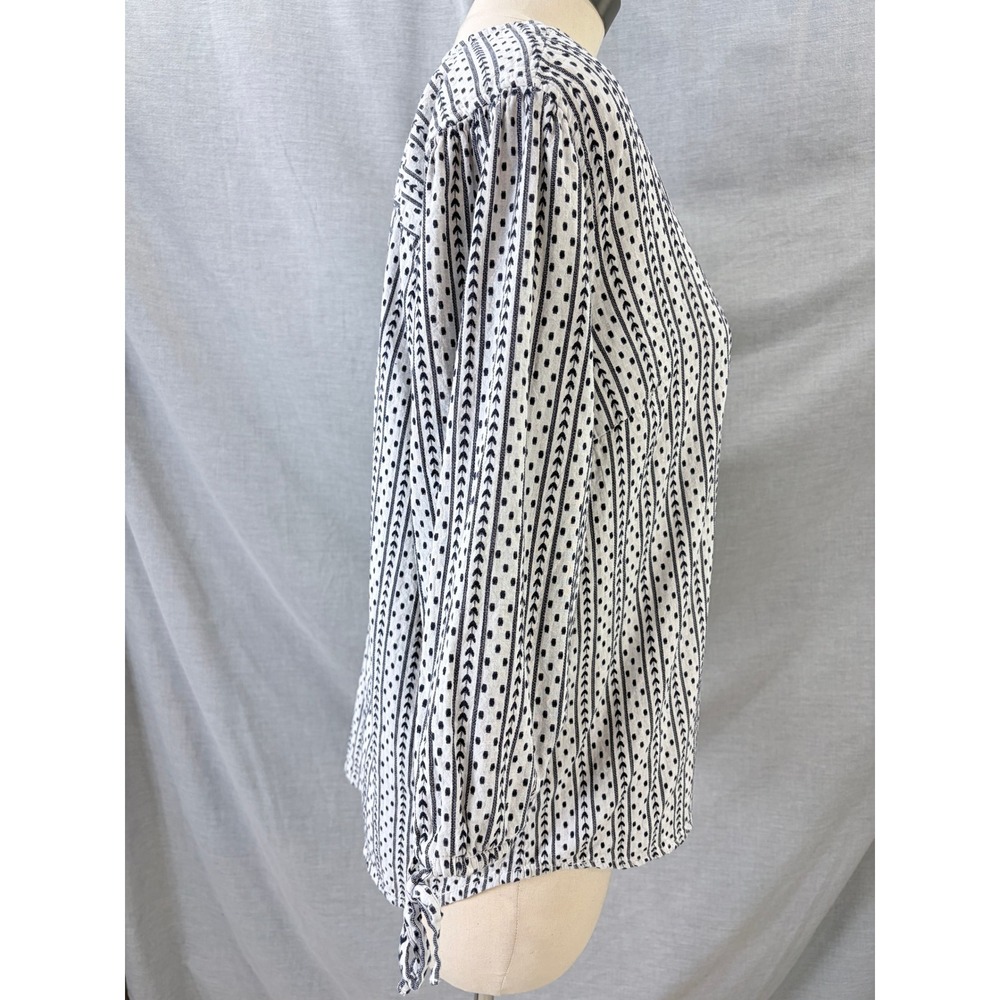 Garnet Hill Organic Cotton Button Front Blouse Navy White Print Tie Sleeve L - Picture 7 of 10